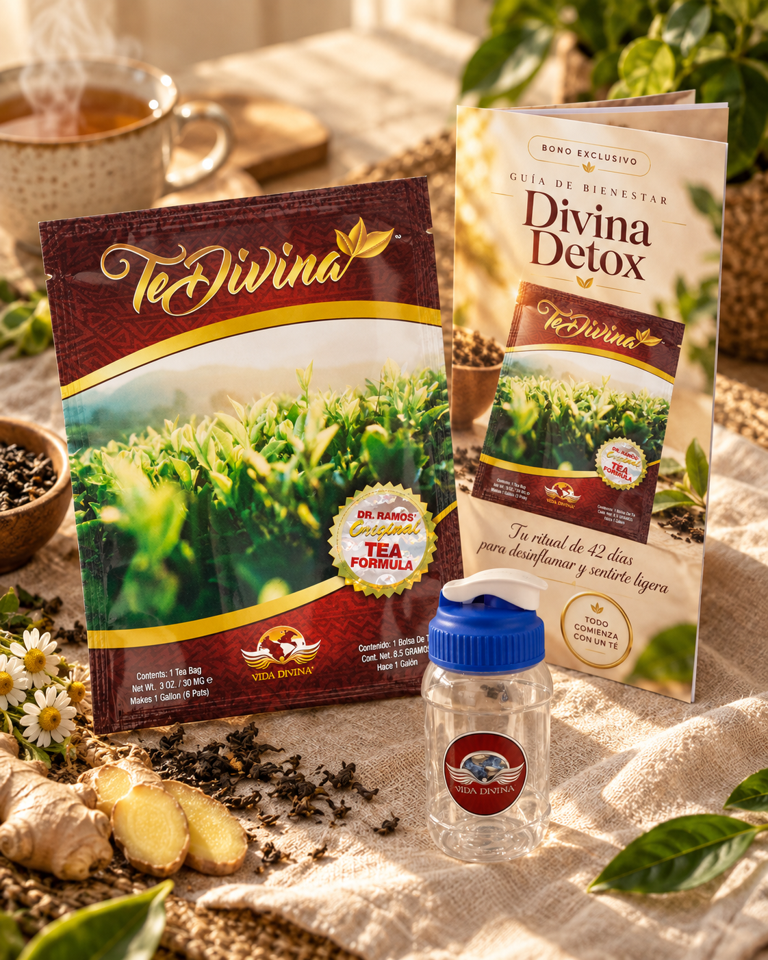 Contenido real del paquete: Té Divina, guía de bienestar impresa y vasito dosificador